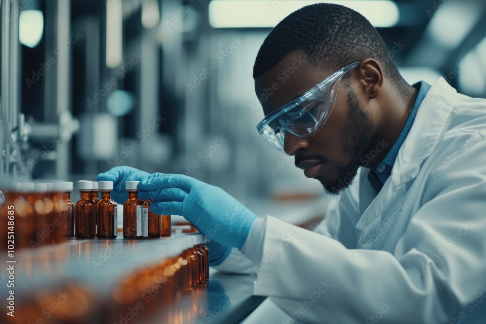 Canvas Prints A scientist in a lab coat and goggles preparing chemical samples in a laboratory setting