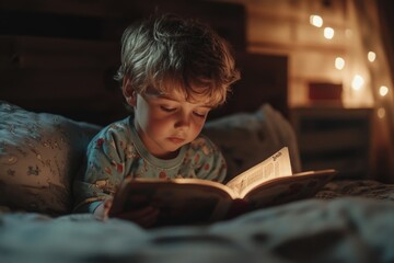 A young boy is engrossed in a book while lying on his bed, a cozy and intimate scene