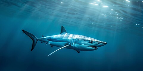 Fototapeta premium Majestic Blue Shark in Underwater Sunlight
