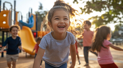 A young girl laughs as she runs on a playground with her friends on a sunny day

