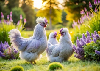 Fototapeta premium Elegant Lavender Silkie Chickens Roaming in a Serene Garden Setting Under Soft Natural Light