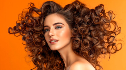 Fototapeta premium Portrait of beautiful model with gorgeous curly hair on yellow background