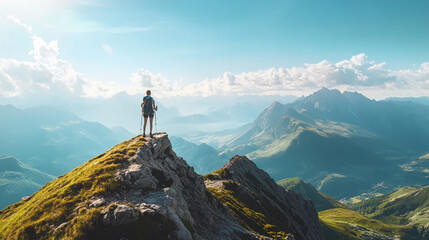 A hiker stands on a mountain peak, taking in the breathtaking view of the surrounding mountain ranges
