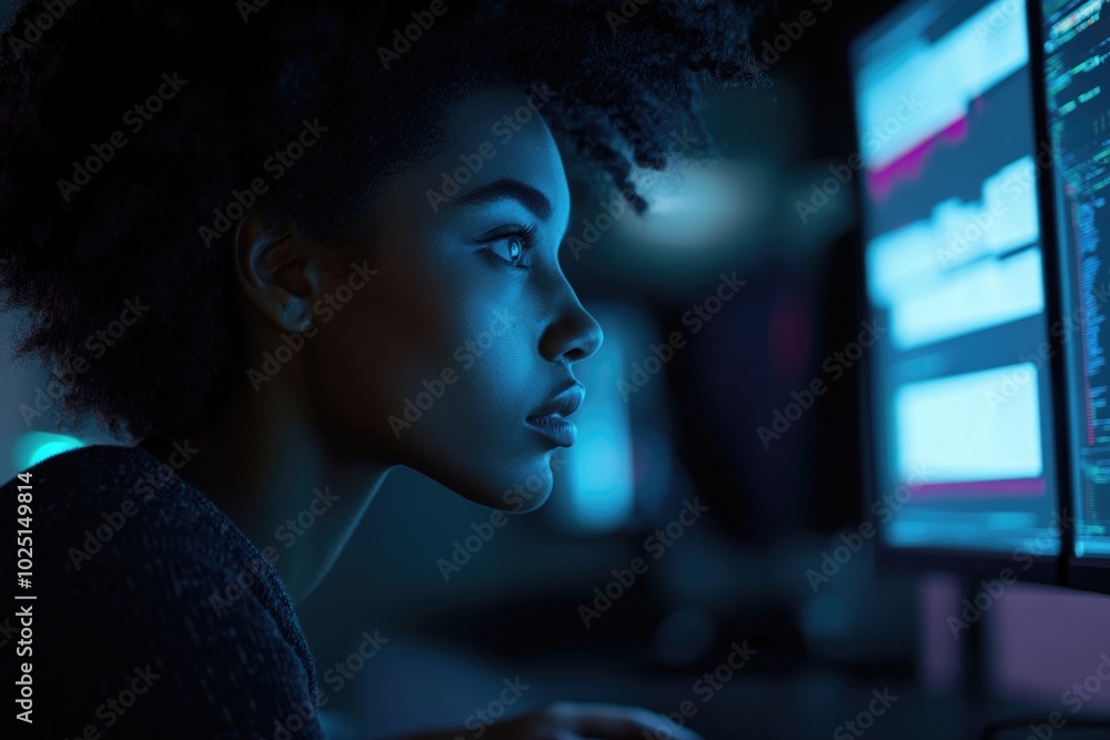 Fototapete a person sitting in front of a computer monitor with a focused expression