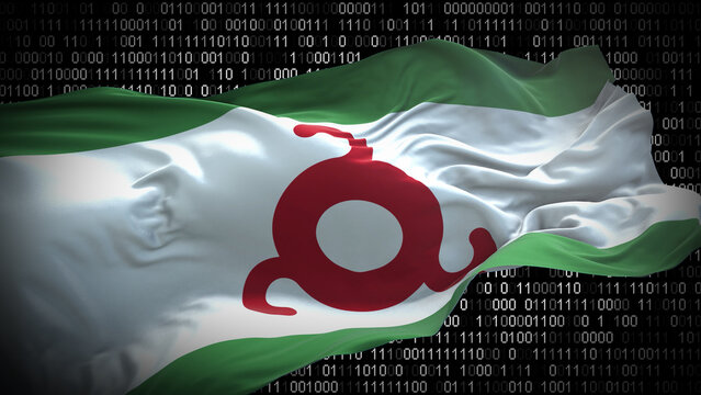 Binary code on flag of Ingushetia. Program source code or Hacker concept on Ingush flag. Ingushetia digital technology security, hacking or programming