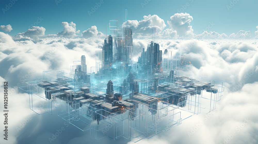 Poster concept of a digital city with cloud connections. futuristic network in the clouds.