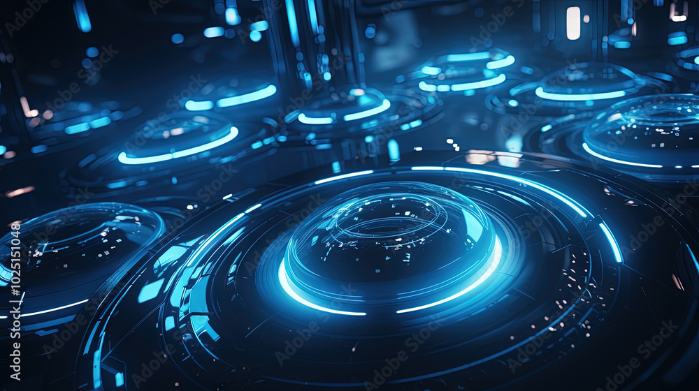 Poster Technology abstract background with hud styled round interface elements in neon tech light.