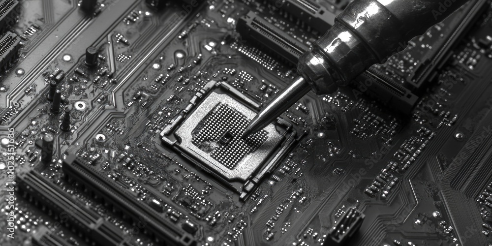 Poster A close-up view of a computer motherboard in grayscale