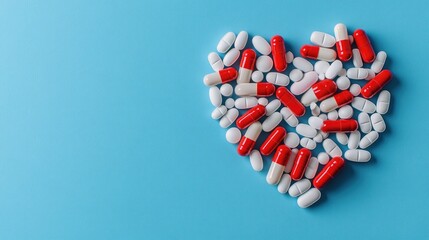A creative depiction of a heart formed from pills on a blue background, possibly used for healthcare or pharmaceutical-related content