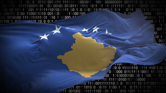 Binary code on flag of Kosovo. Program source code or Hacker concept on Kosovan flag. Kosovo digital technology security, hacking or programming