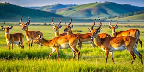 Naklejka premium Elegant Red Lechwe Antelopes Grazing in Lush Green Grasslands