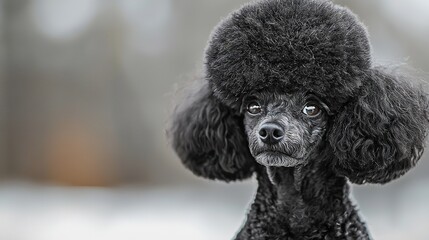   A close-up of a poodle's face with a black fur ball on top of its head