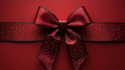 Decorative Red gift satin bow on vibrant red background ready for gift wrapping during a festive occasion