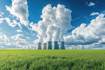 A green field with industrial facilities in the distance