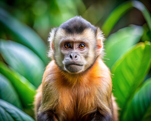 Fototapeta premium A curious capuchin monkey looks directly at the camera, surrounded by lush green foliage in its natural rainforest habitat.