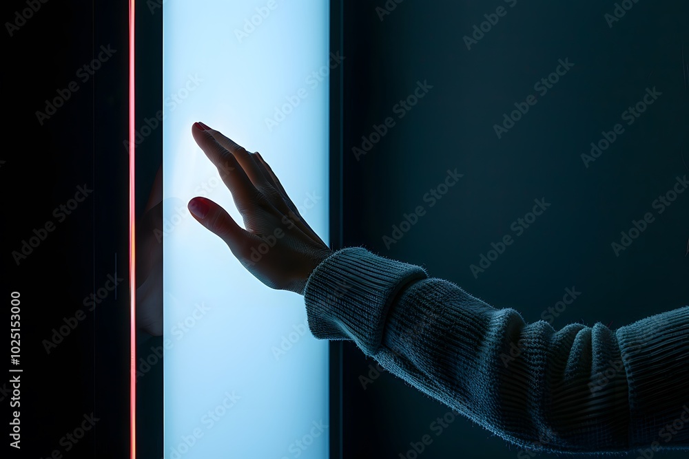 Poster illuminated interaction: a hand reaches for a light source in a dark environment