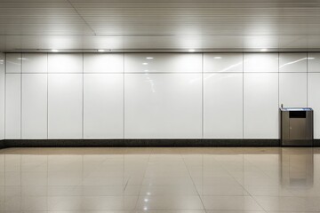 A spacious airport security area boasts a clean and minimalistic design, featuring smooth white walls and polished floors, emphasizing a sterile environment for travelers.