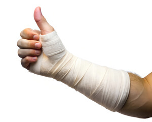  A hand with a bandaged arm gives a thumbs-up gesture, indicating resilience and positivity despite injury. The white bandages wrap securely around the wrist and thumb.
