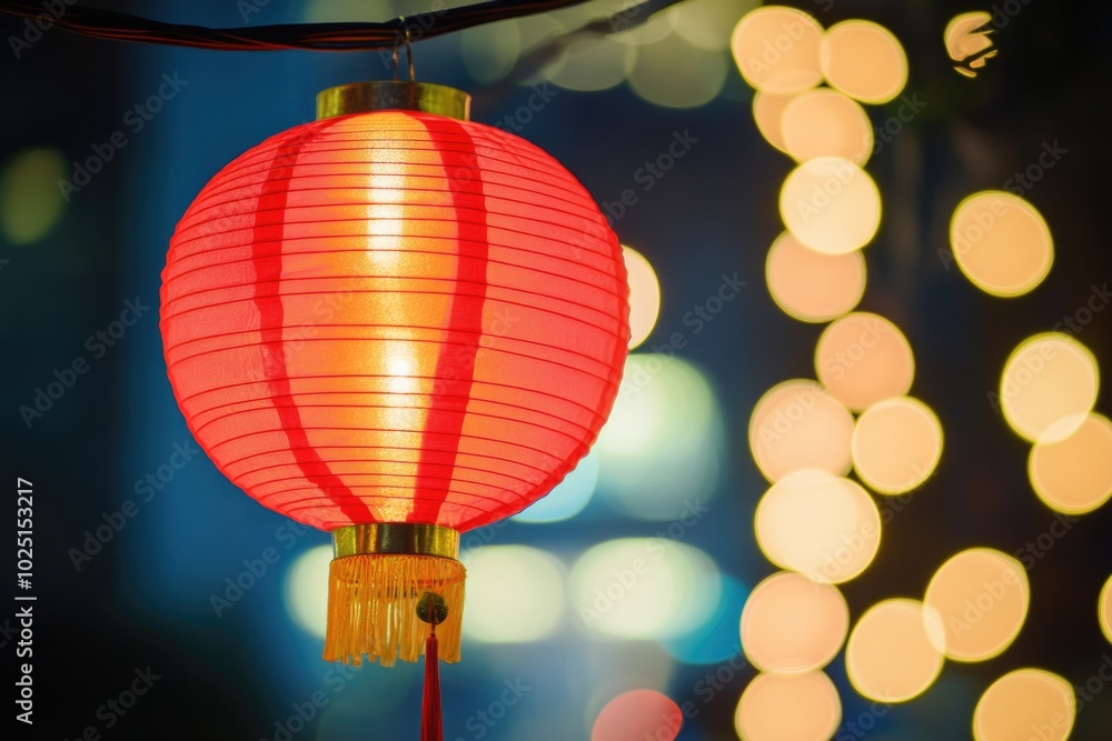 Poster A single red lantern hanging from a string against a backdrop of twinkling lights