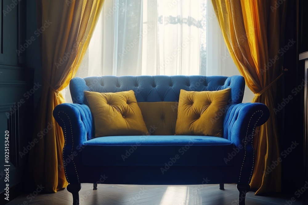 Poster a single blue chair placed in front of a window with a view