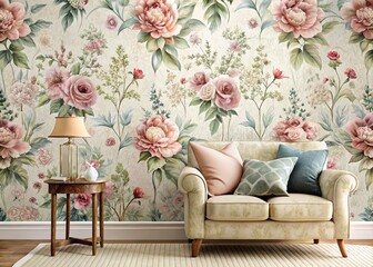 Elegant Vintage Design Wallpaper with Floral Patterns and Soft Color Palette for Interior Decoration
