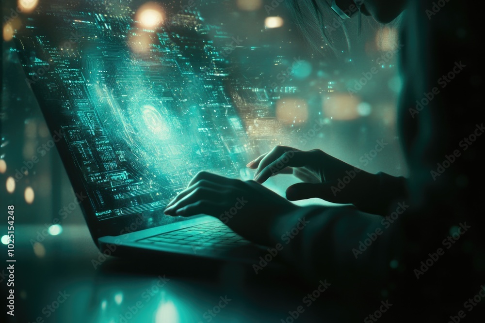 Poster a person working on their laptop in a dimly lit room, possibly late at night or in a setting with li