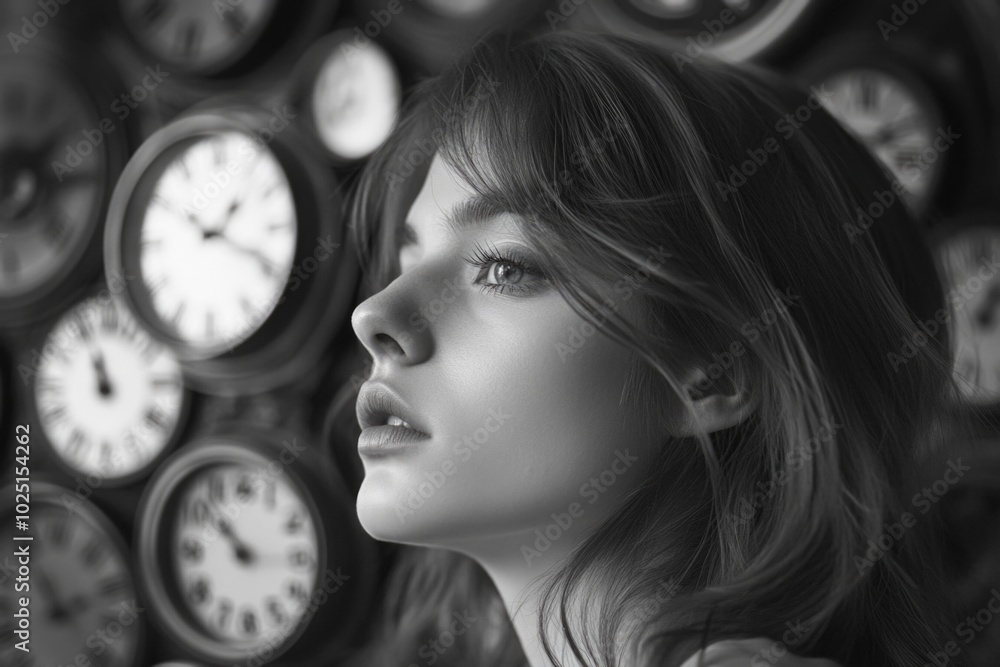 Poster a person admiring a collection of clocks on a wall, possibly contemplating time and its passage
