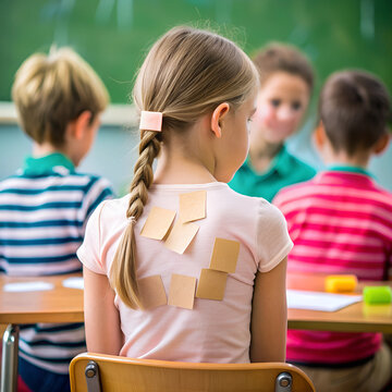 A young girl sits in a classroom with sticky notes attached to her back, unnoticed by her peers, highlighting a moment of bullying.