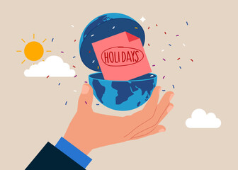 Open globe to see holidays or vacation. Business people jumping with joy. Company holidays for employees. Flat vector illustration.
