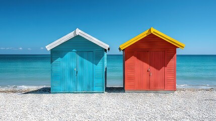   Two beach huts sit adjacent on a sandy shore beside a waterbody