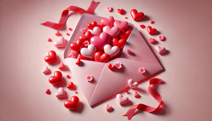 New version of a pink envelope with red and pink hearts spilling out on a pastel background