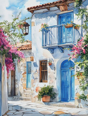 Fototapeta premium Charming Mediterranean street with blooming flowers and colorful shutters