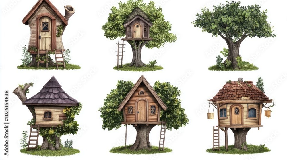 Poster four interconnected treehouses with a ladder, ideal for adventure and exploration