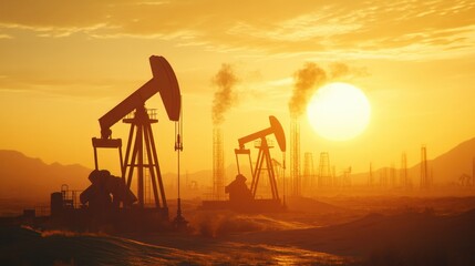 Group of oil pumps in a field at sunset