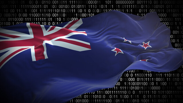 Binary code on flag of New Zealand. Program source code or Hacker concept on New Zealand flag. New Zealand digital technology security, hacking or programming