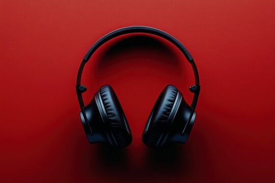 The black gaming headset sits alone on a striking red surface, showcasing its elegant and modern design while emphasizing its potential for immersive gaming experiences.