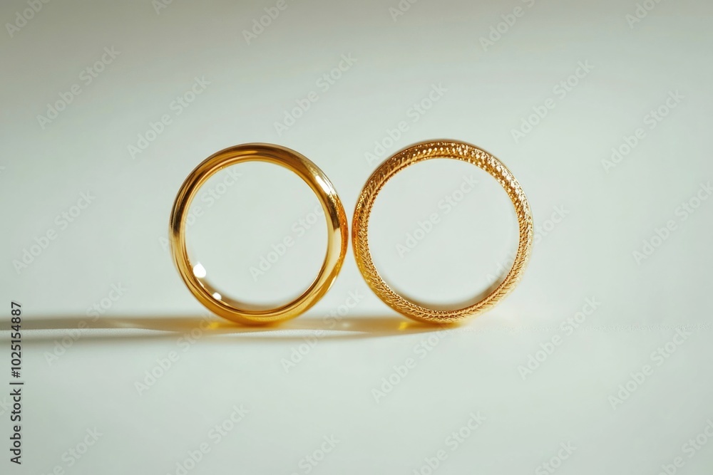 Poster a pair of gold rings placed on a white background, ready for use or display