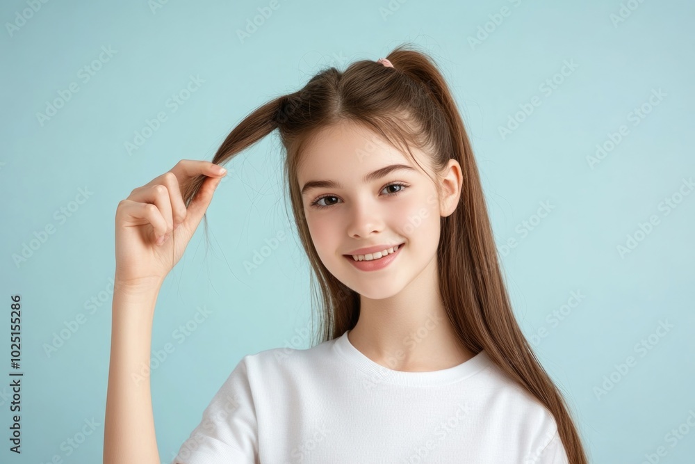 Wall mural A young girl with long brown hair wearing a white t-shirt, ideal for use in editorial or commercial contexts where a youthful image is required