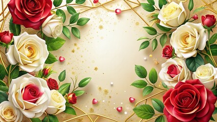 Elegant White and Red Rose Wedding Invitation Template Set with Floral Decorations and Gradient Golden Luxury Boho