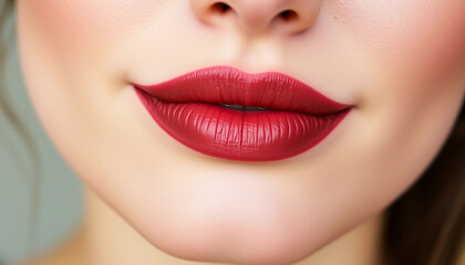 Obraz premium A detailed close-up shot of a woman's lips adorned with vibrant red lipstick, highlighting beauty, femininity, and elegance. Perfect for fashion, cosmetics, and beauty concepts.