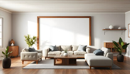 Mockup frame in farmhouse living room interior, 3d render isolated with white highlights, png