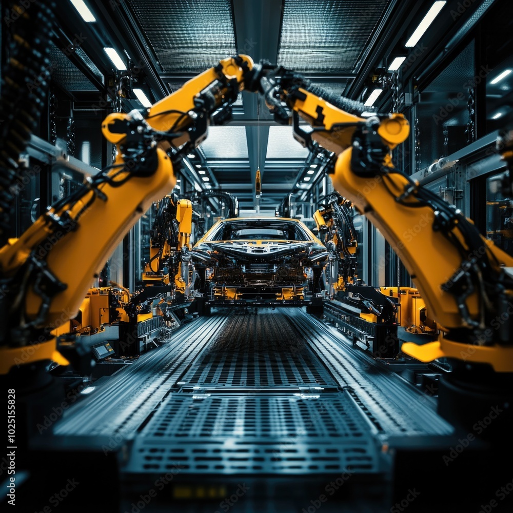 Poster robots working together to repair a car in a modern factory setting