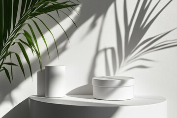 Two white containers sitting on a clean table