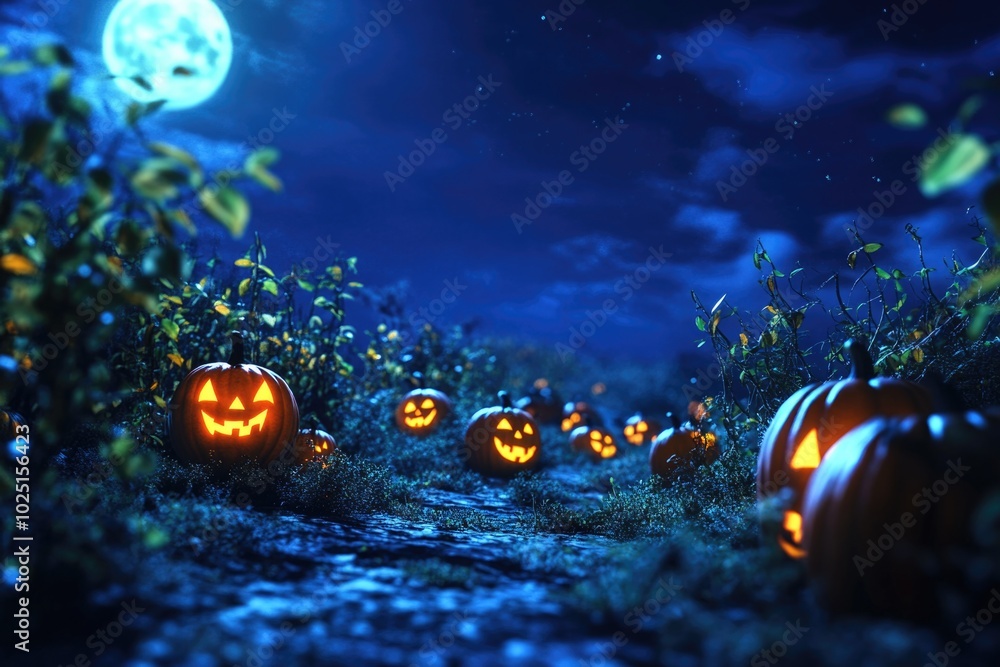 Wall mural A path lined with carved pumpkins leading to a bright full moon in the night sky