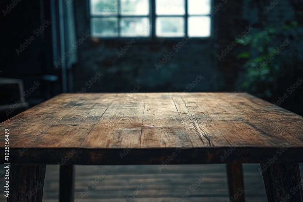 Poster a simple wooden table sits in front of a window, providing a cozy atmosphere