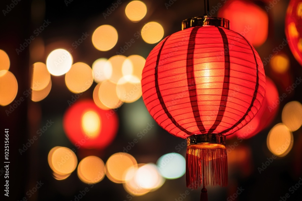 Poster A detailed view of a red lantern with glowing lights in the background, suitable for use as a decorative element or symbol