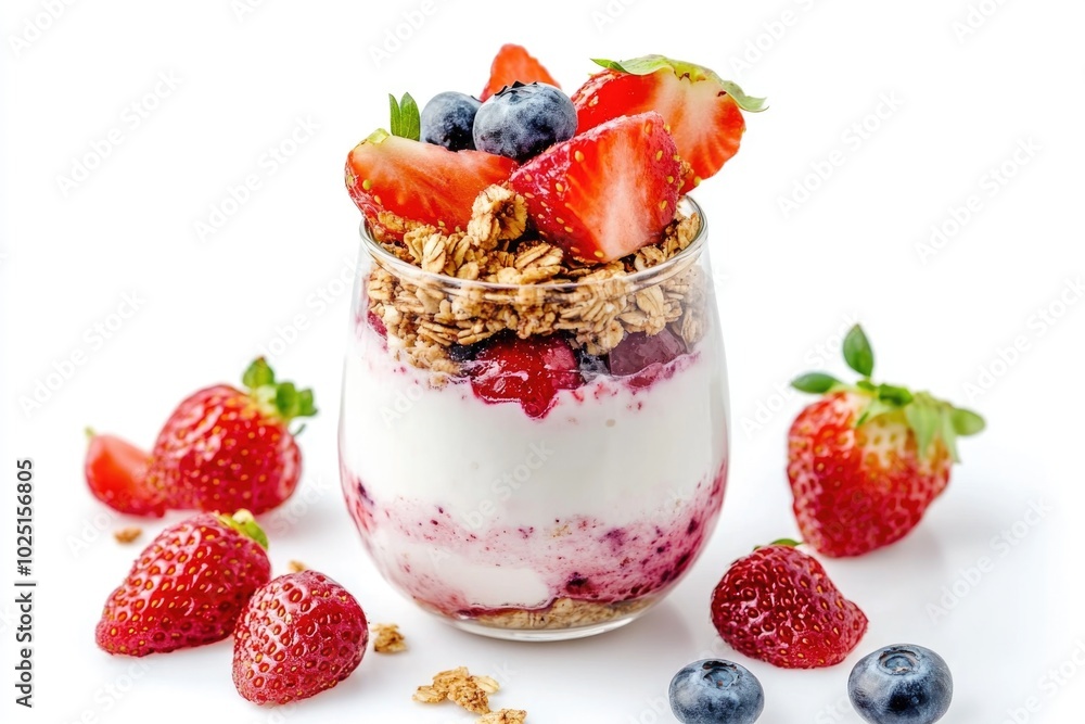 Sticker A glass of yogurt topped with fresh strawberries and blueberries, perfect for breakfast or snack