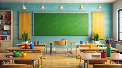Empty Classroom with School Supplies and Blackboard - Ideal for Educational Themes and Classroom Decor Banners