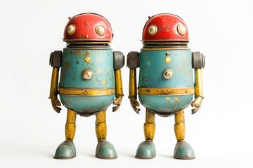 Two toy robots standing together, designed for imaginative play or decoration