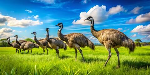 Emu Birds foraging in a lush green field under a bright blue sky showcasing their unique features